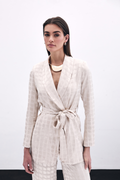 Ekru Kuşaklı Dokulu Blazer Ceket