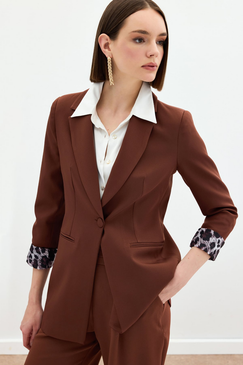 Kahverengi Tek Düğmeli Klasik Blazer Ceket