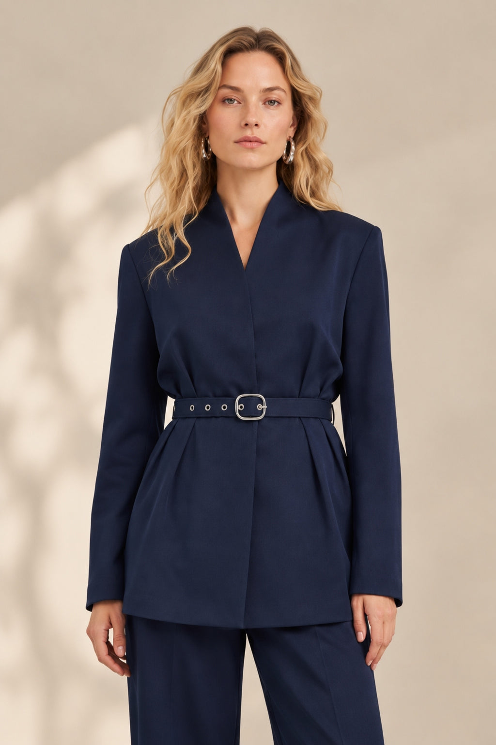 Lacivert Kemerli Saten Kadın Ceket Uzun Kollu Şık Blazer