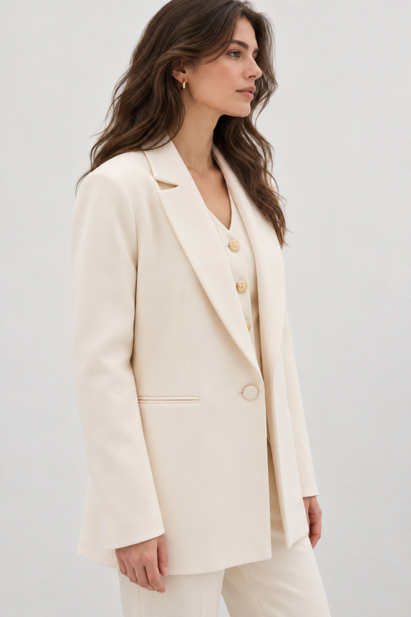 Ekru Klasik Yaka Kadın Blazer Ceket