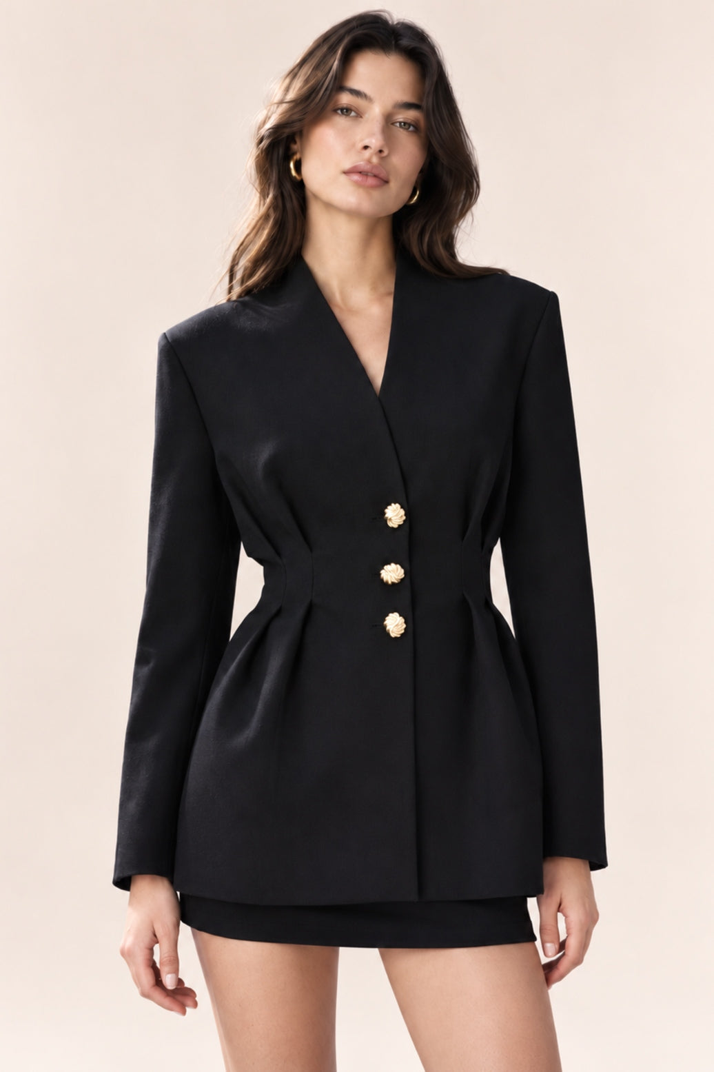 Siyah Gold Düğmeli Bel Oturtmalı Blazer Ceket