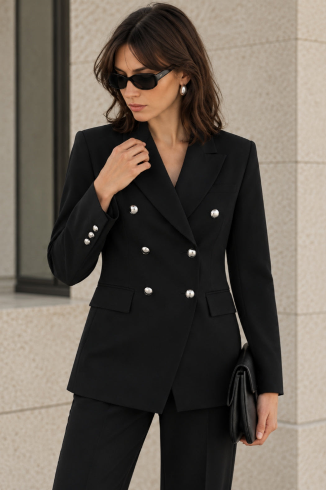 Siyah Kruvaze Metal Düğmeli Kadın Blazer Ceket