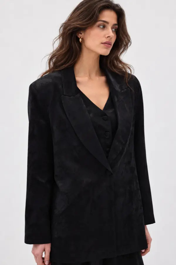 Siyah Jakarlı Kadın Blazer Ceket