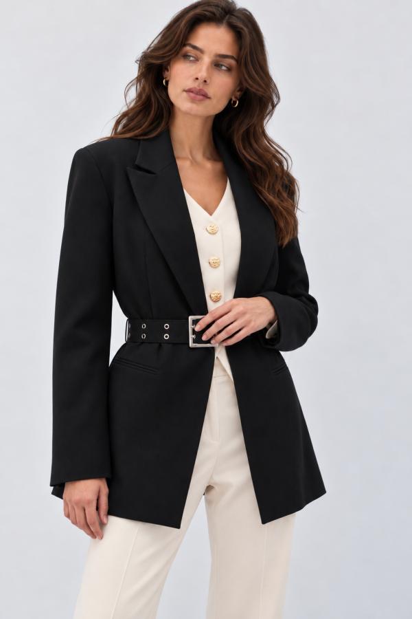 Siyah Kemerli Kadın Blazer Ceket