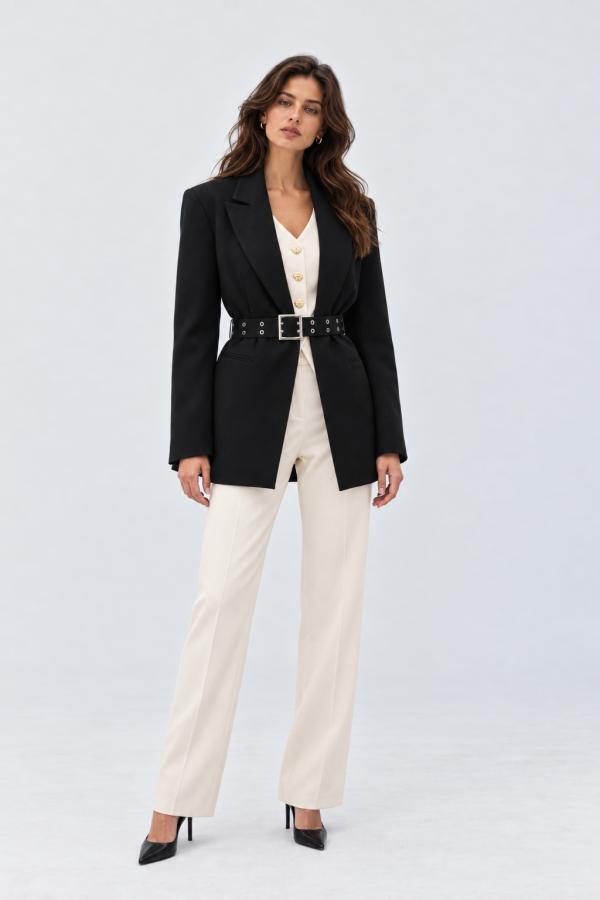Siyah Kemerli Kadın Blazer Ceket