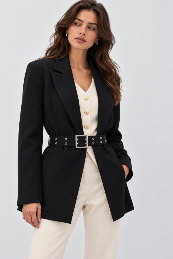 Siyah Kemerli Kadın Blazer Ceket