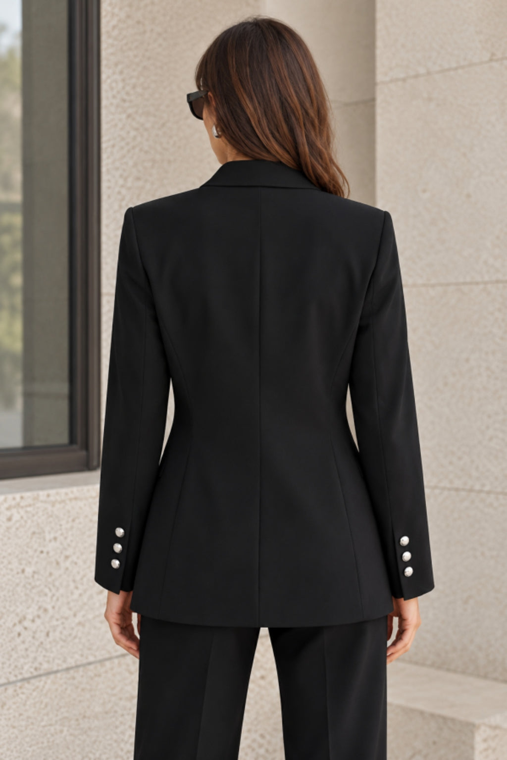 Siyah Kruvaze Metal Düğmeli Kadın Blazer Ceket