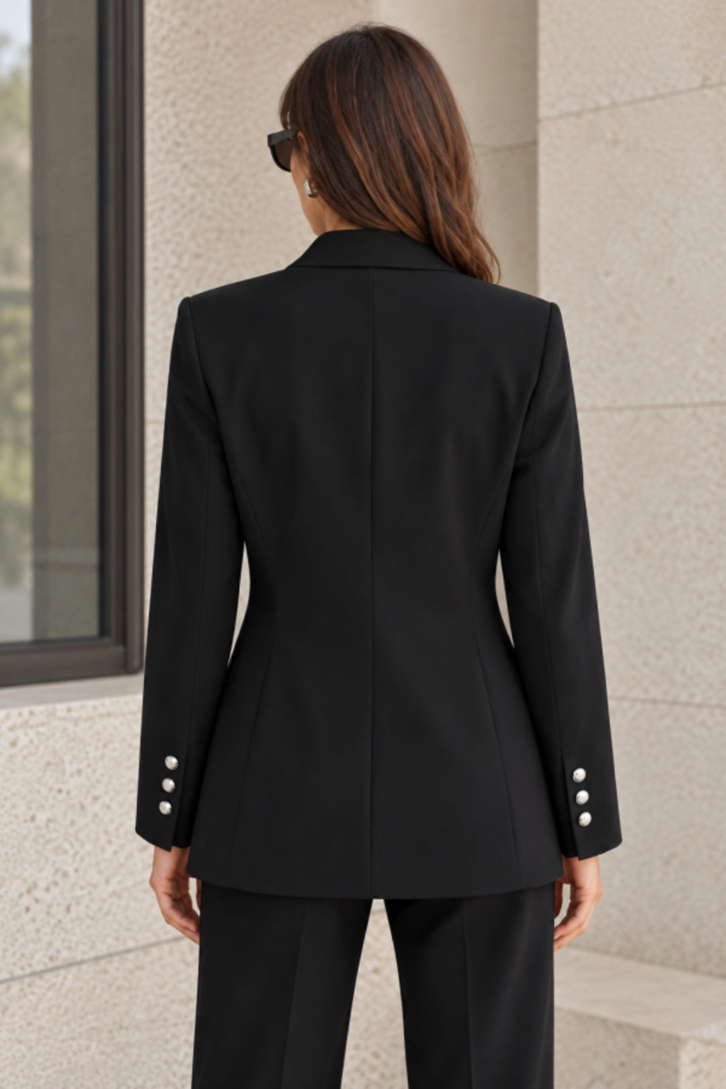 Siyah Kruvaze Metal Düğmeli Kadın Blazer Ceket