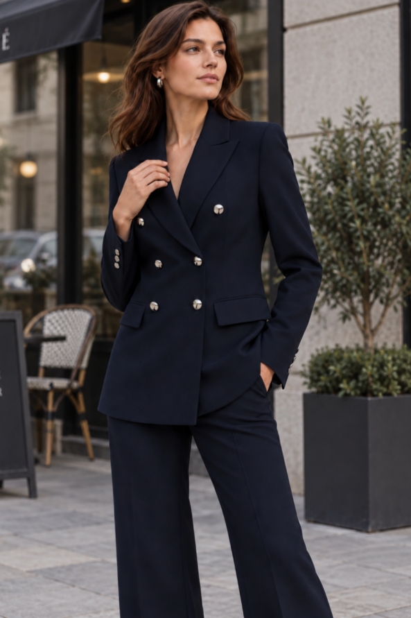 Lacivert Kruvaze Gold Düğmeli Kadın Blazer Ceket