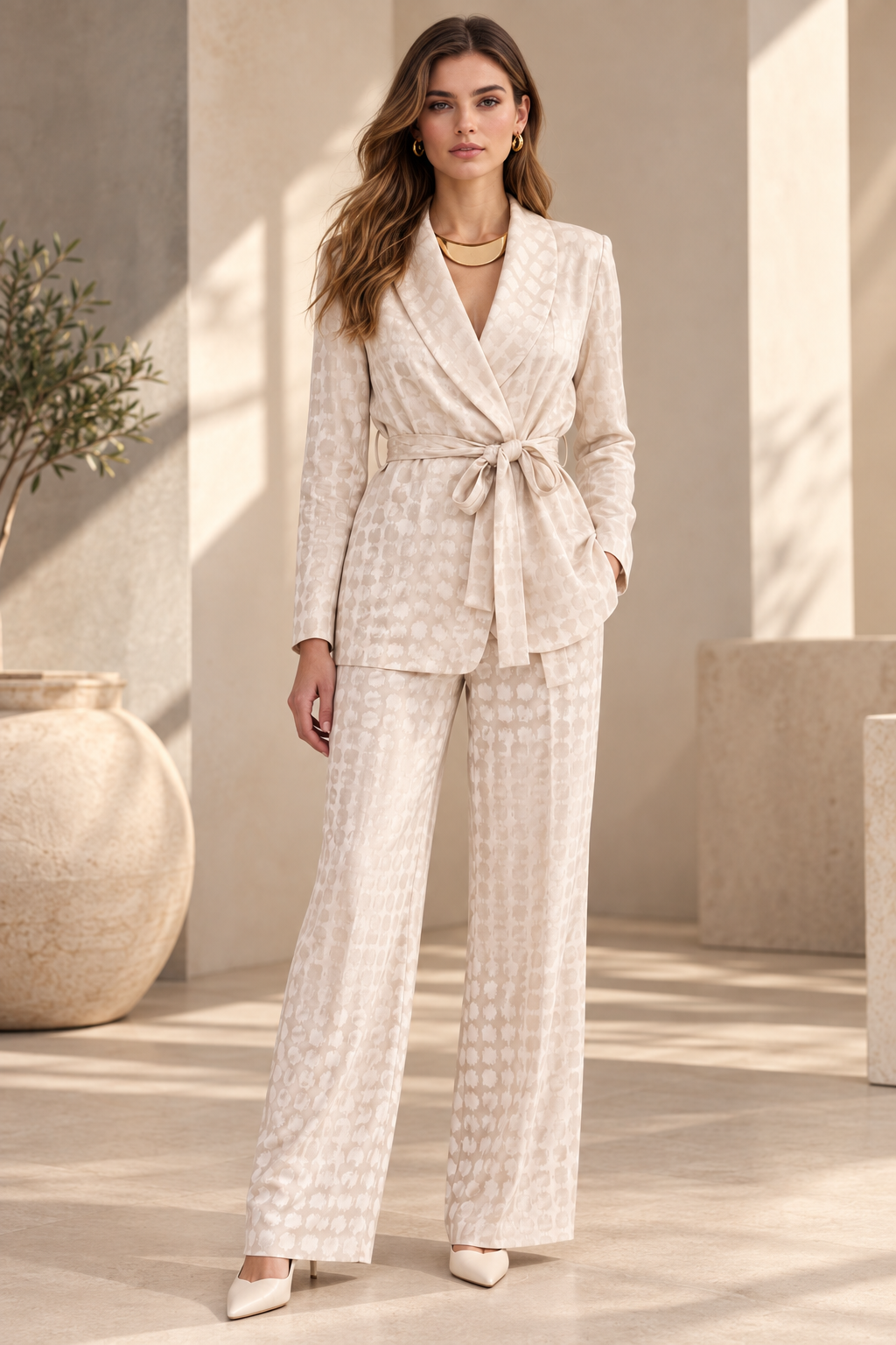 Ekru Kuşaklı Dokulu Blazer Ceket
