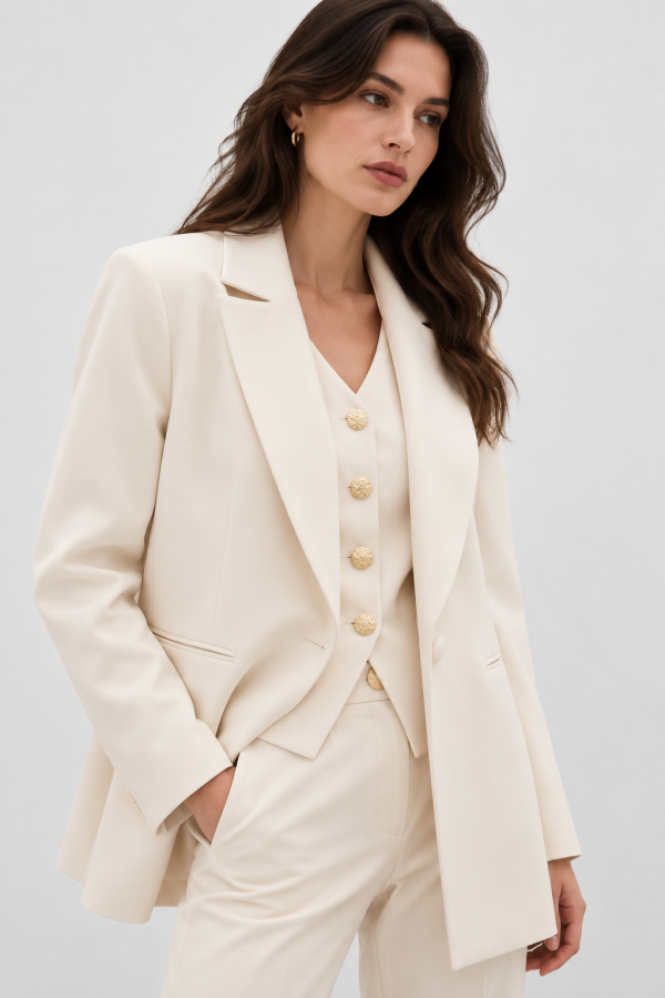 Ekru Klasik Yaka Kadın Blazer Ceket