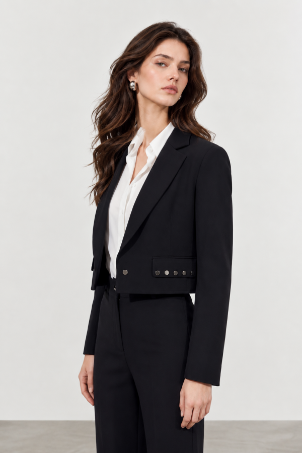 Siyah Sally Kumaş Kısa Metal Detaylı Kadın Blazer Ceket