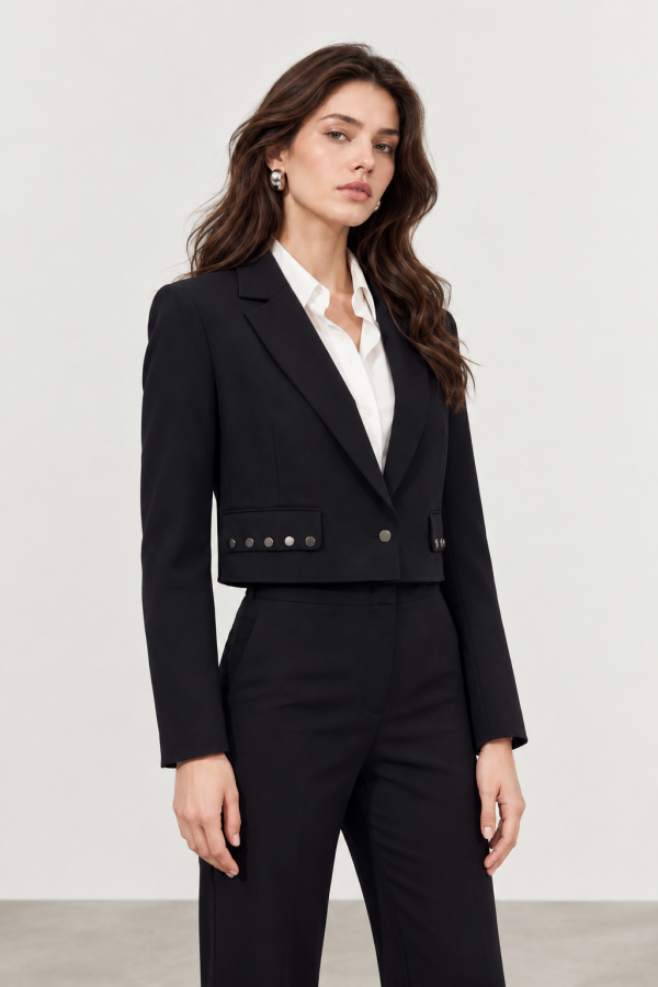 Siyah Sally Kumaş Kısa Metal Detaylı Kadın Blazer Ceket