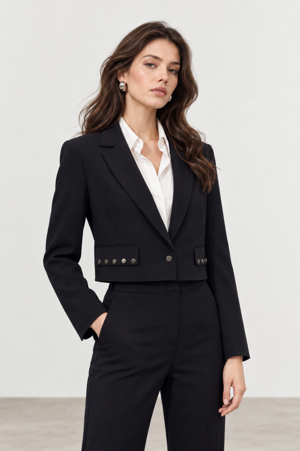Siyah Sally Kumaş Kısa Metal Detaylı Kadın Blazer Ceket