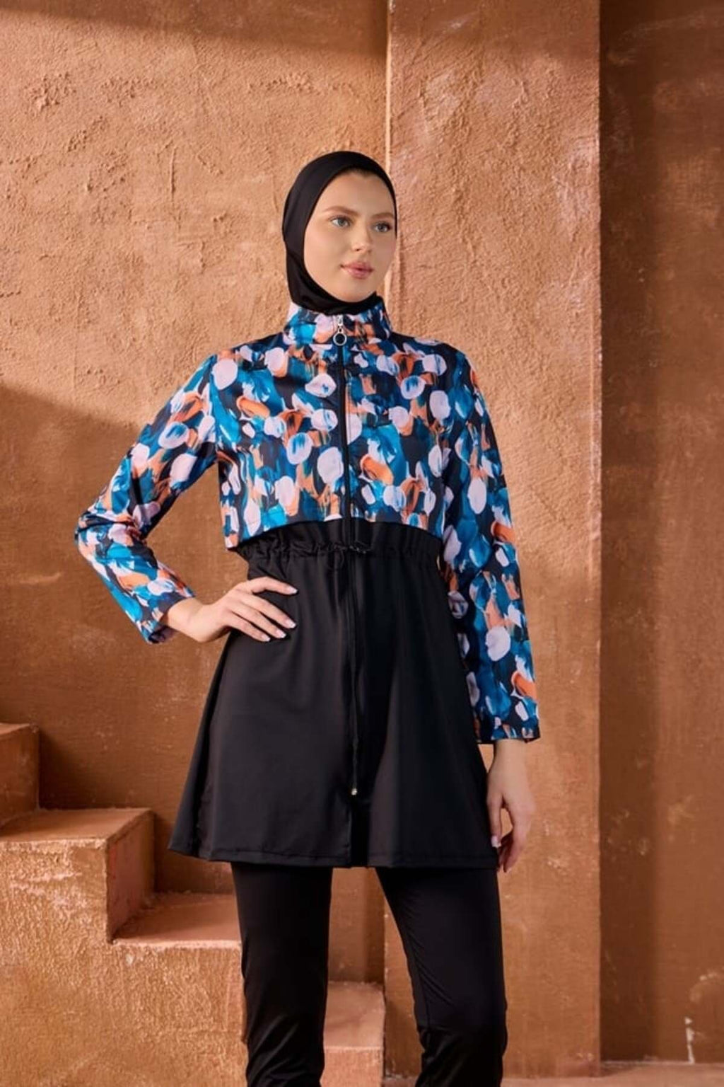 Starinci Soyut Çiçek Desenli Tam Kapalı Tesettür Mayo - Tam Fermuarlı 4'lü Set
