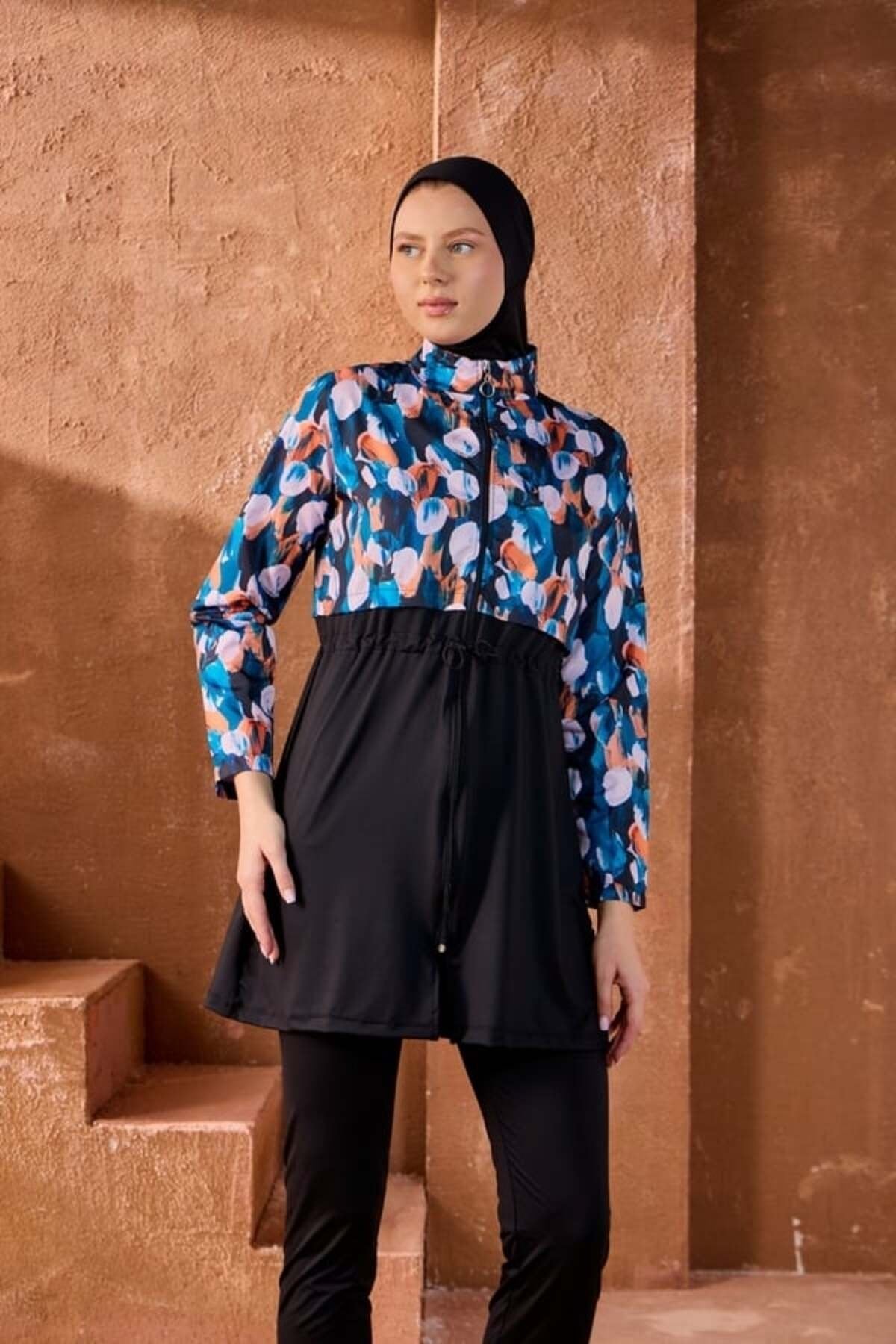 Starinci Soyut Çiçek Desenli Tam Kapalı Tesettür Mayo - Tam Fermuarlı 4'lü Set