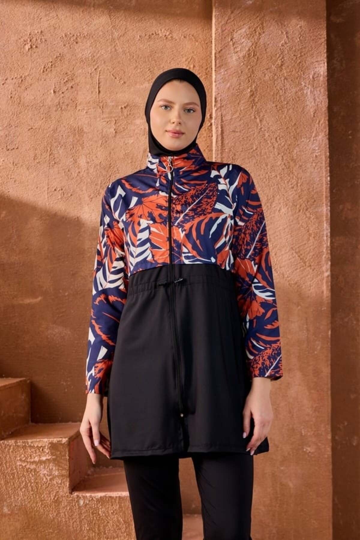 Starinci Yaprak Desenli Tam Fermuarlı Tam Kapalı Tesettür Mayo