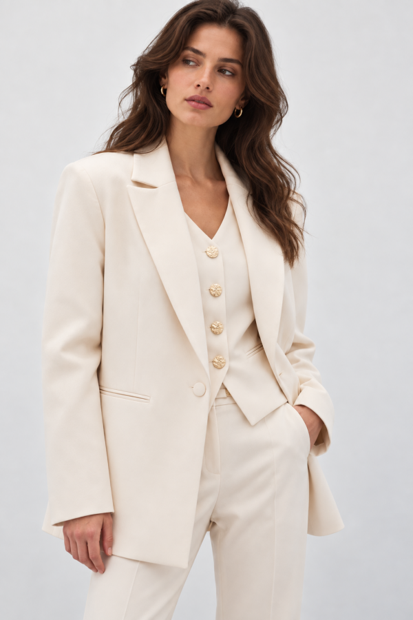 Ekru Klasik Yaka Kadın Blazer Ceket