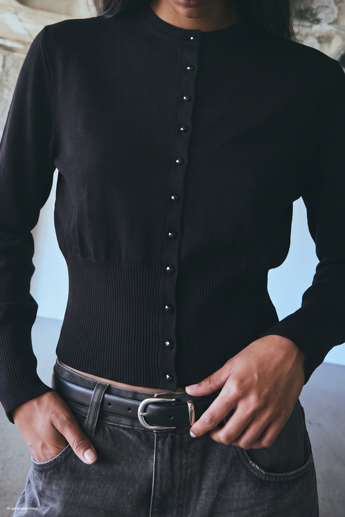 Siyah İnci Düğmeli Fit Kesim Triko Hırka